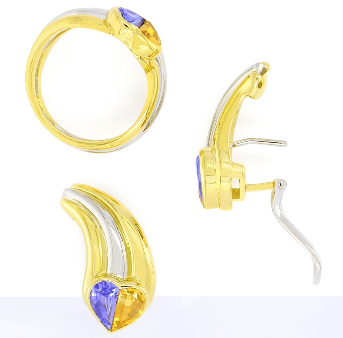 Foto 1 - Gold-Ring und Ohrringe Herz-Saphire gelb blau, S5749